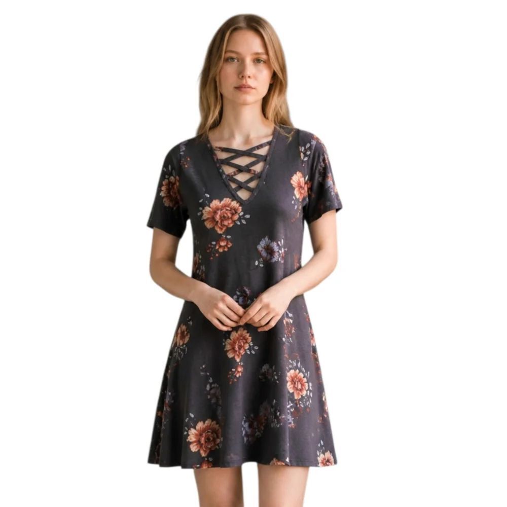 LOVE, FIRE GRAY AND PINK FLORAL DRESS SZ.XS EUC.